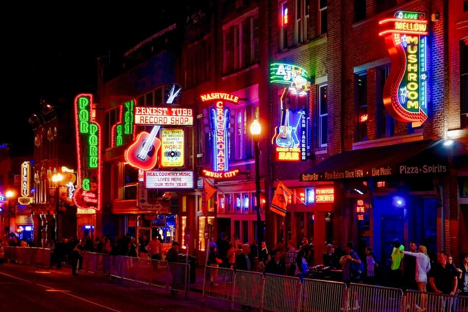Downtown Nashville at night.